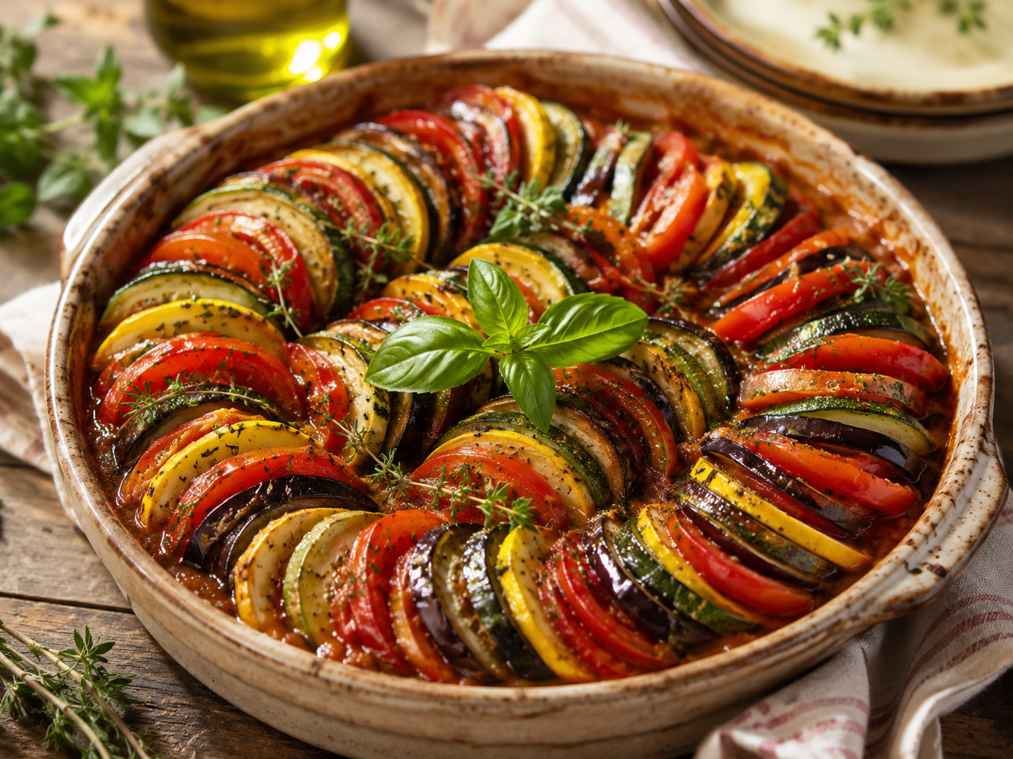 A baked ratatouille dish with sliced vegetables and herbs